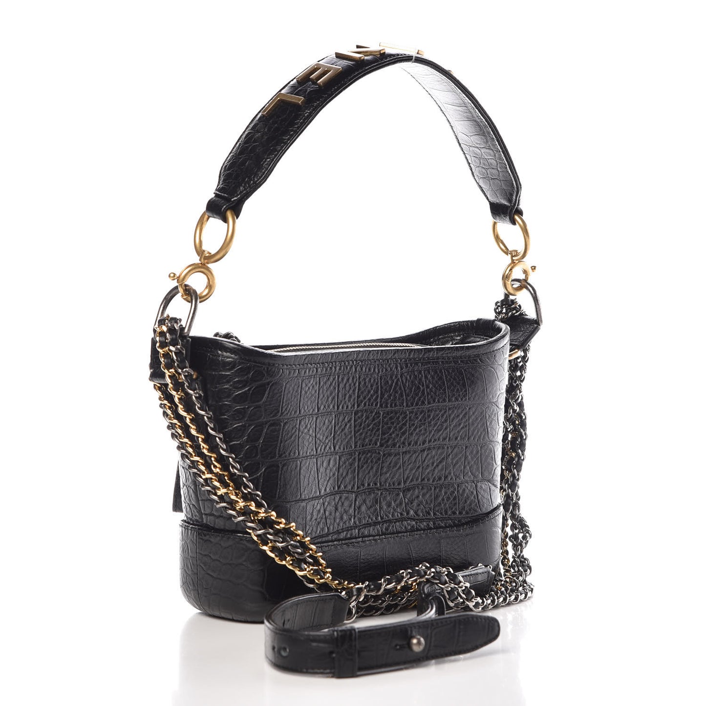 Calfskin Crocodile Embossed Small Gabrielle Cocodile Hobo Black