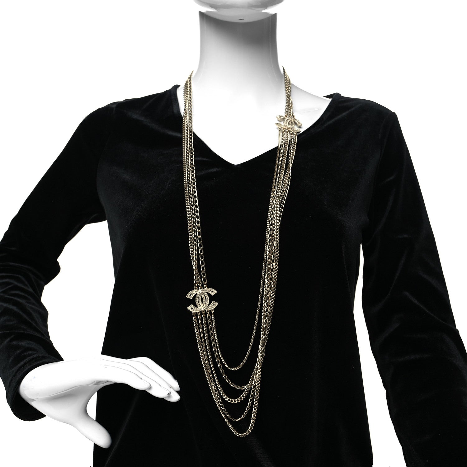 Chanel Multi Strand Chain Baguette Crystal CC Necklace Gold 2 of 5