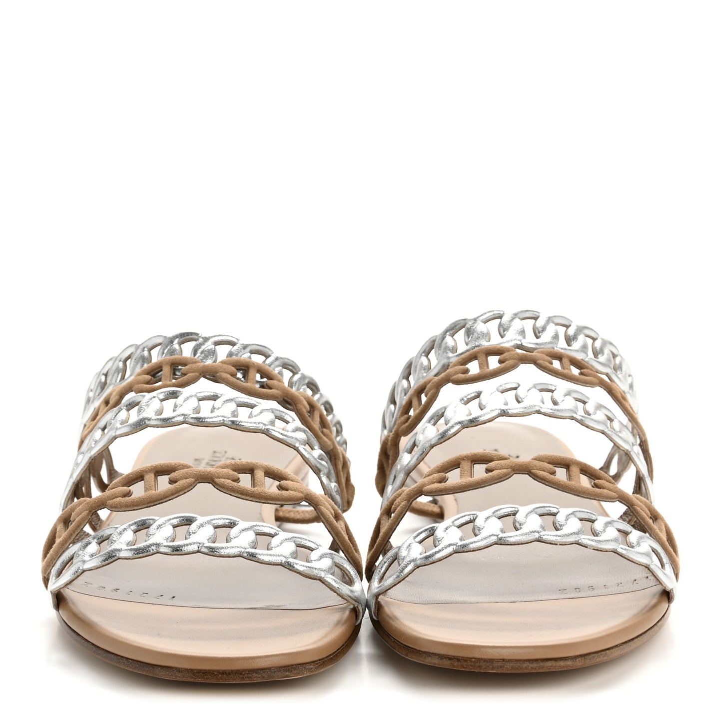Metallic Nappa Suede Chaine d'Ancre Nude Sandals 36 Beige Sable Gris Argente