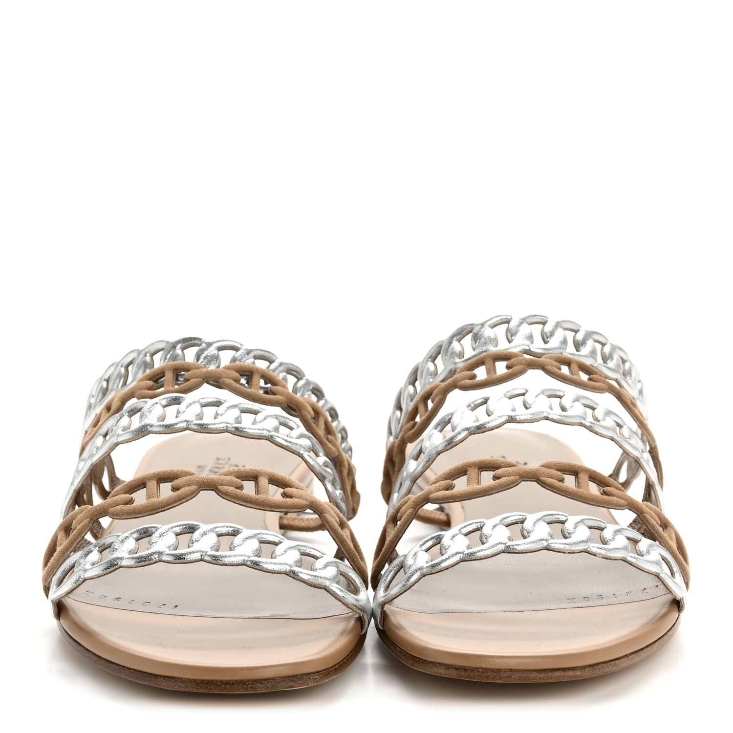 Hermes Metallic Nappa Suede Chaine d'Ancre Nude Sandals 36 Beige Sable Gris Argente 3 of 10
