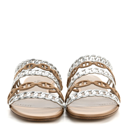 Hermes Metallic Nappa Suede Chaine d'Ancre Nude Sandals 36 Beige Sable Gris Argente 3 of 10