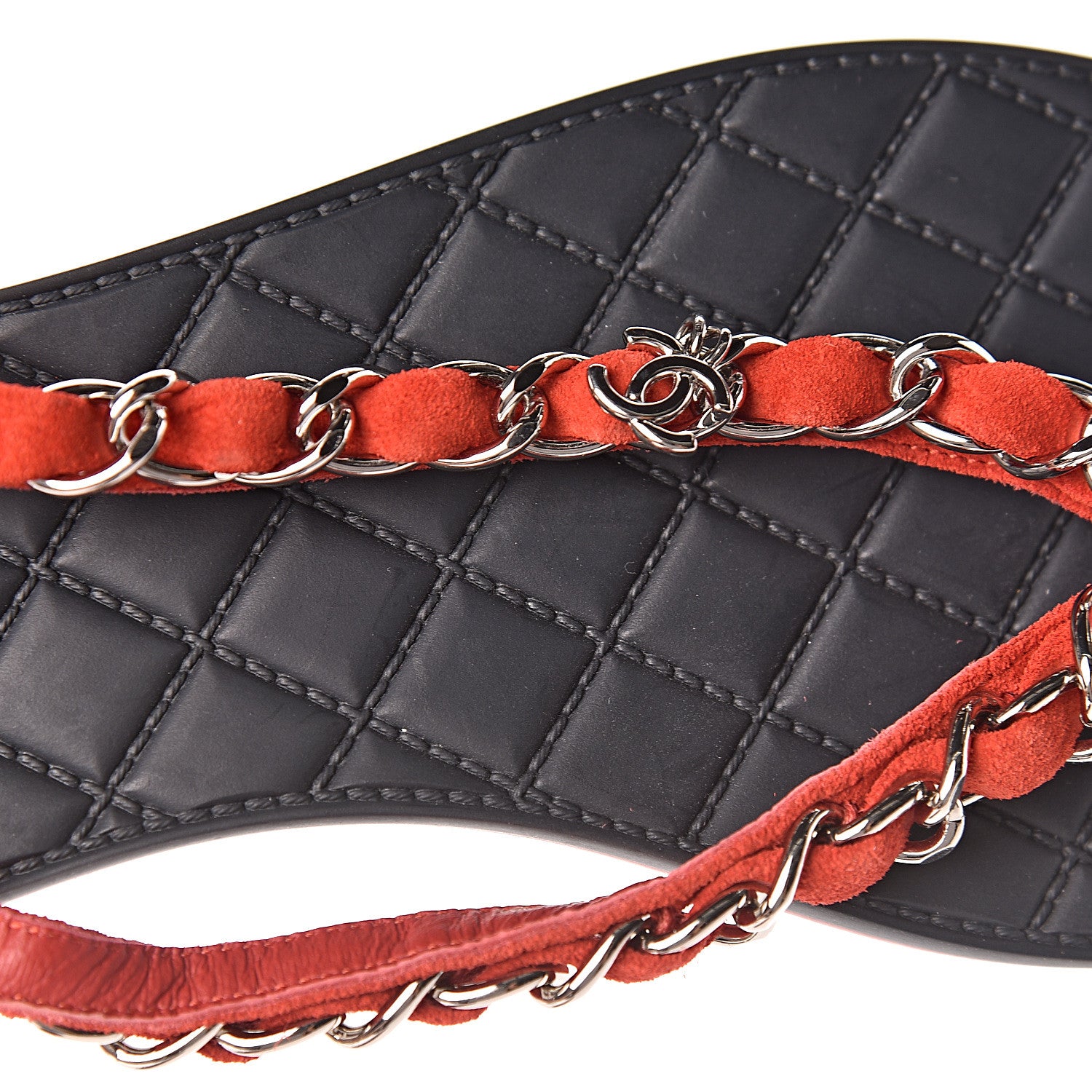 Chanel Suede Calfskin Quilted Chain Thong Sandals 36.5 Red 11 of 12