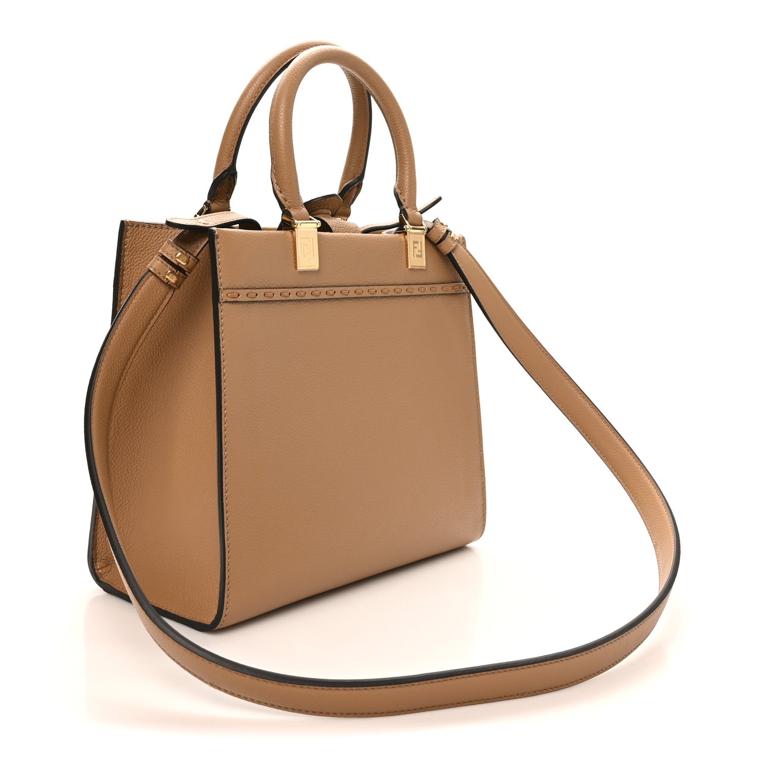 Fendi Vitello Santa Barbara Woven Logo Small Fendi Sunshine Shopper Tote Cappucino 3 of 9