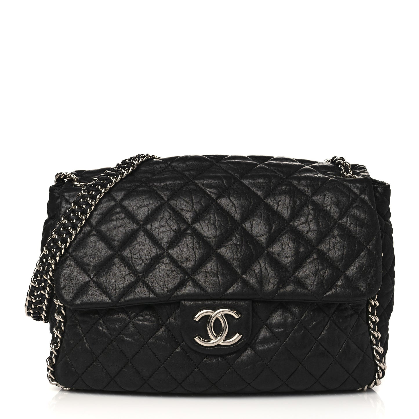 Washed Lambskin Quilted Maxi Chain Around Flap Black