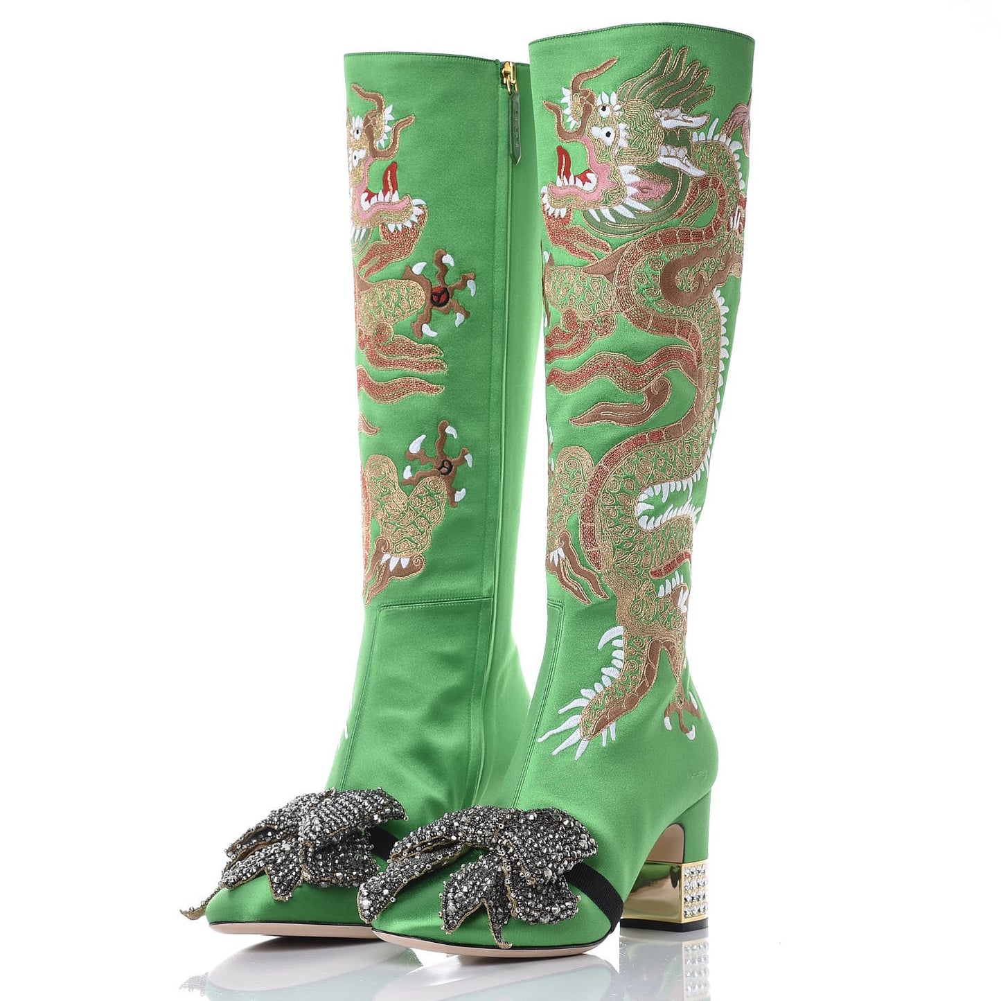 Silk Satin Malaga Kid Embroidered Candy Dragon Block-Heel Knee Boot 39 Palm
