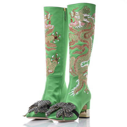 Gucci Silk Satin Malaga Kid Embroidered Candy Dragon Block-Heel Knee Boot 39 Palm 3 of 14