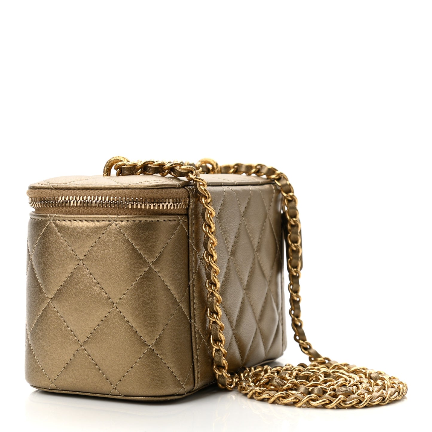 Metallic Lambskin Quilted Small CC Dynasty Vanity Case With Chain Gold