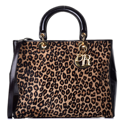 Christian Dior Patent Pony Hair Leopard Print Large Lady Dior Brown 1 of 7