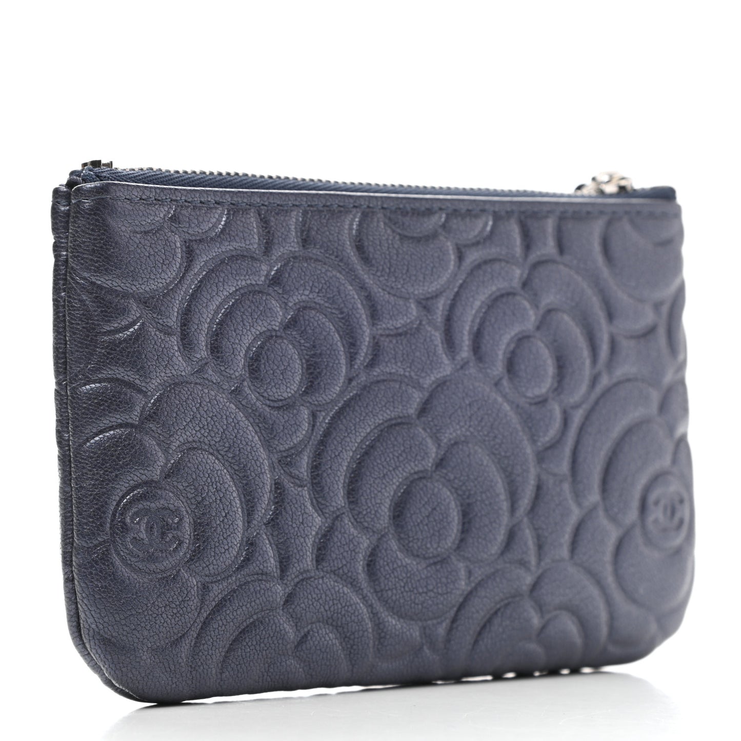 Goatskin Camellia Embossed Cosmetic Pouch Navy