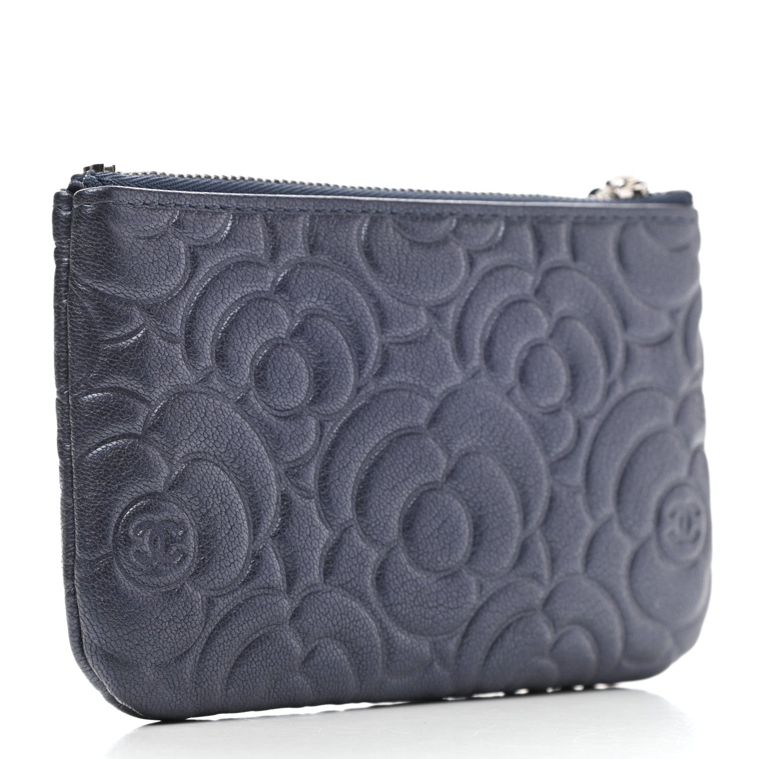 Chanel Goatskin Camellia Embossed Cosmetic Pouch Navy 3 of 7
