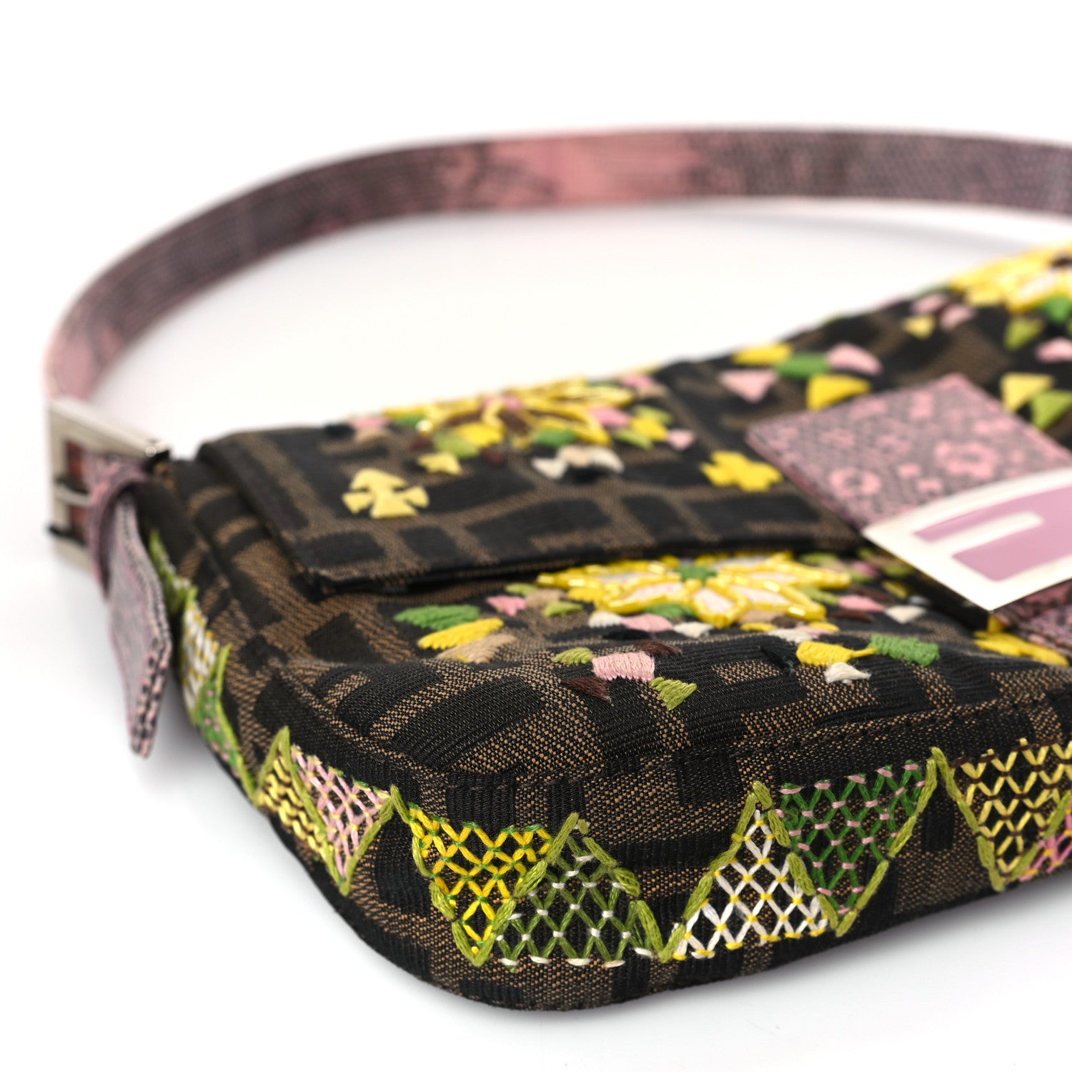 Fendi Lizard Zucca Floral Embroidered Baguette Tobacco Pink Multicolor 8 of 9