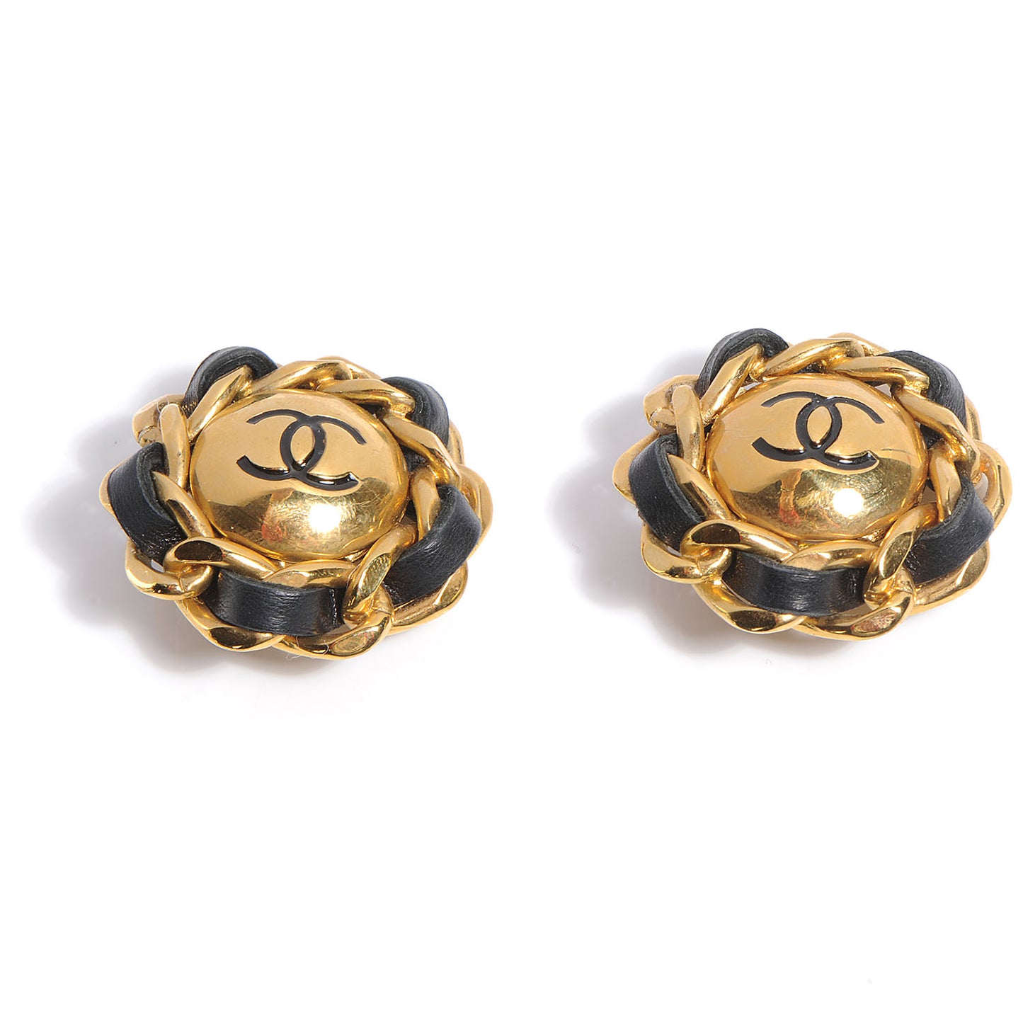 CC Leather Chain Clip On Earrings Gold