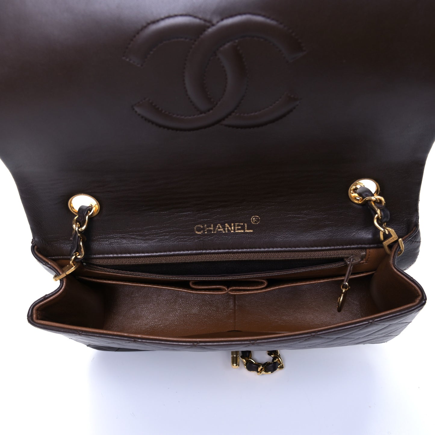 Lambskin Quilted Small Single Flap Bag Dark Brown