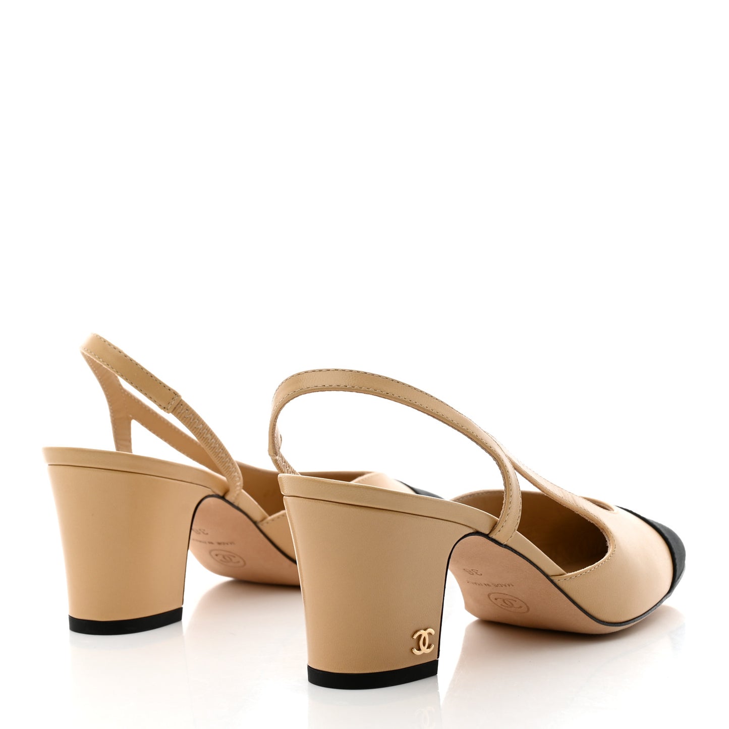 Goatskin Grosgrain Cap Toe CC Slingback Pumps 36 Beige Black