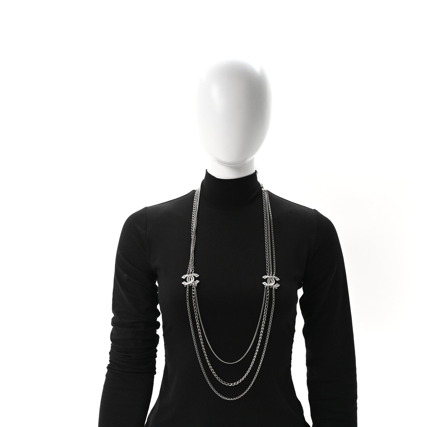 Crystal CC Multi Strand Long Chain Necklace Silver
