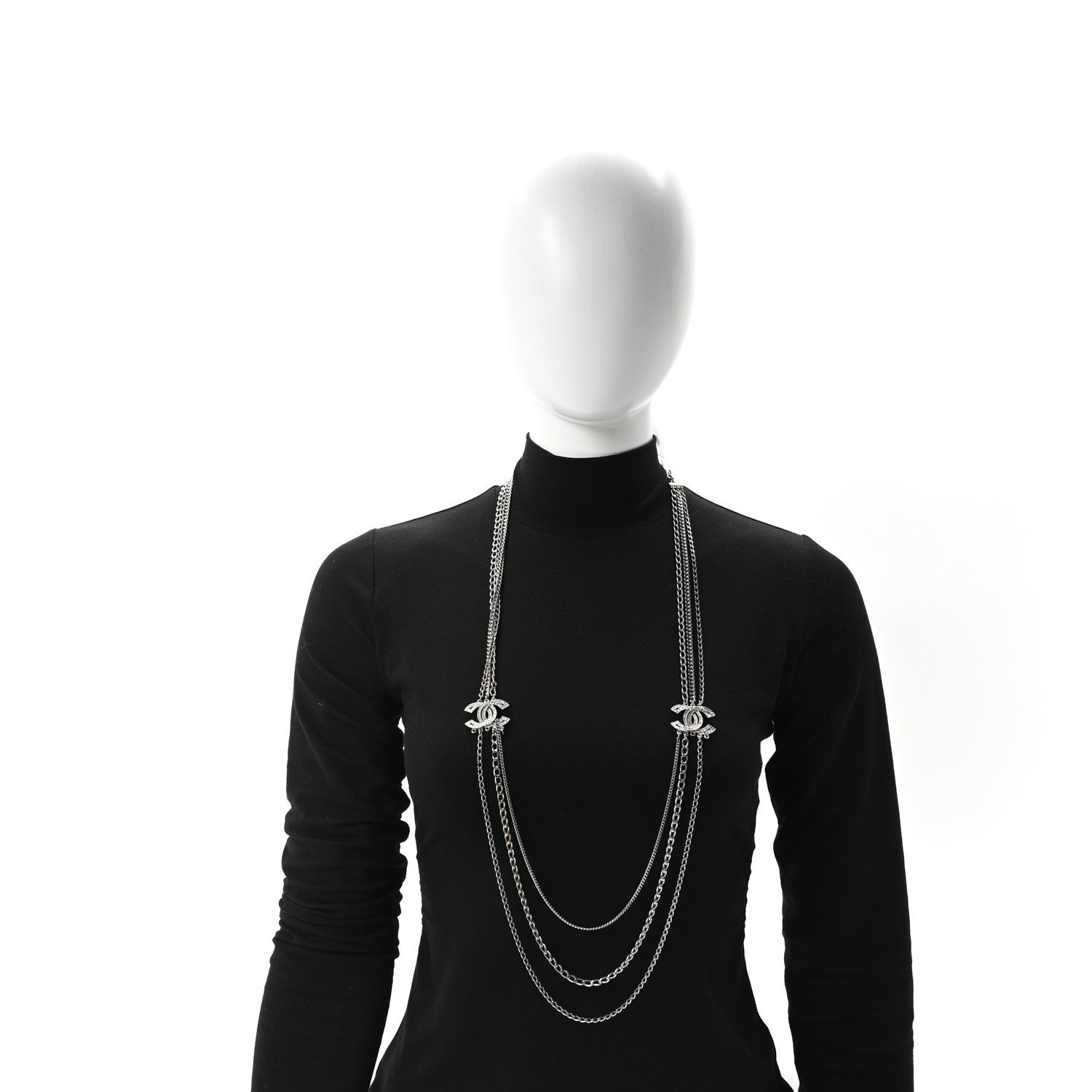 Chanel Crystal CC Multi Strand Long Chain Necklace Silver 2 of 4