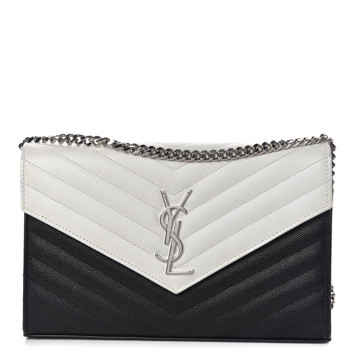 Grain De Poudre Matelasse Chevron Bi-Color Monogram Chain Wallet White Black