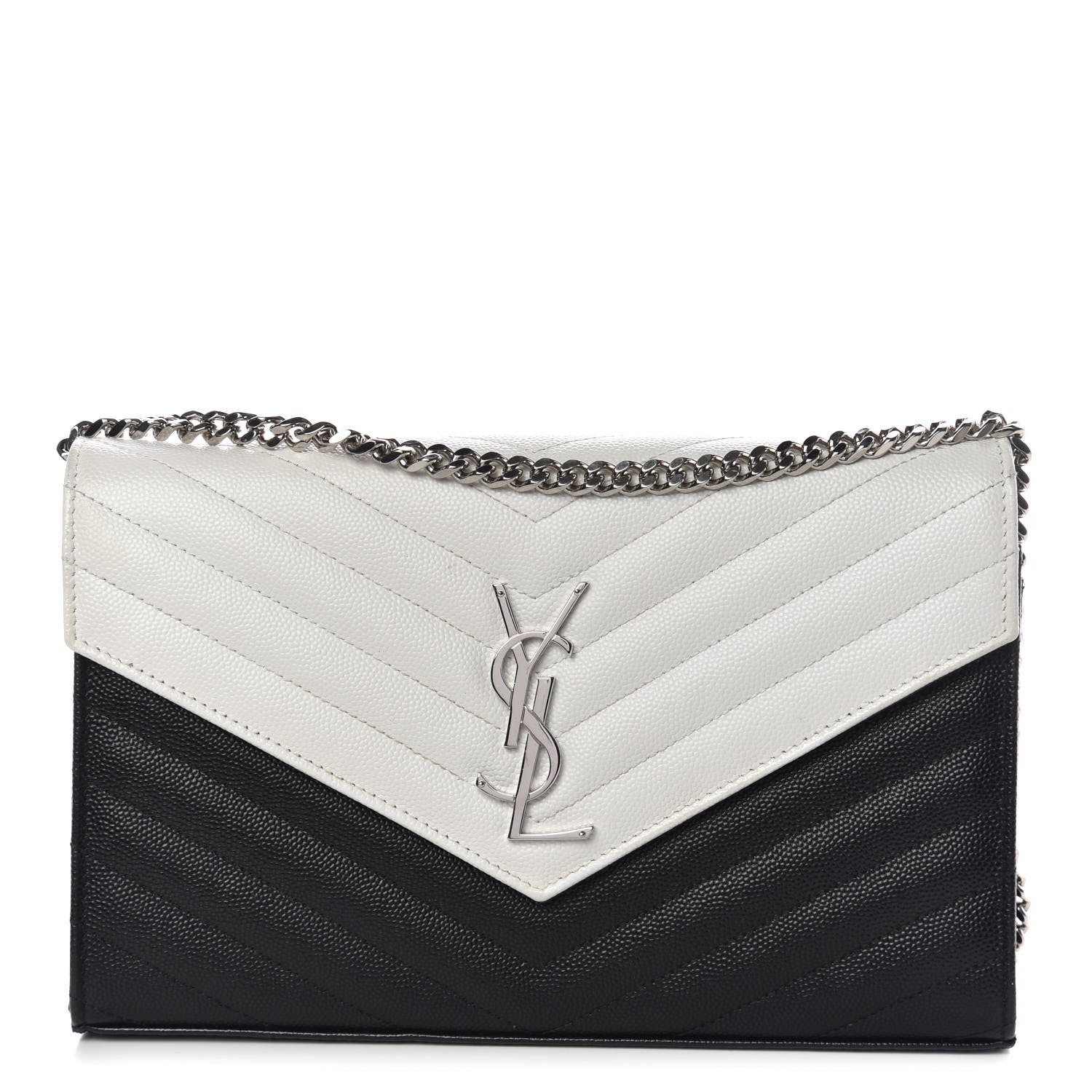 Saint Laurent Grain De Poudre Matelasse Chevron Bi-Color Monogram Chain Wallet White Black 1 of 13