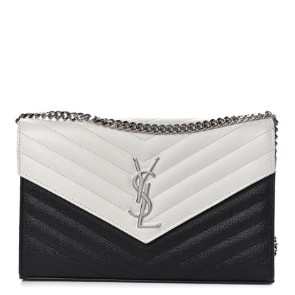 Saint Laurent Grain De Poudre Matelasse Chevron Bi-Color Monogram Chain Wallet White Black 1 of 13