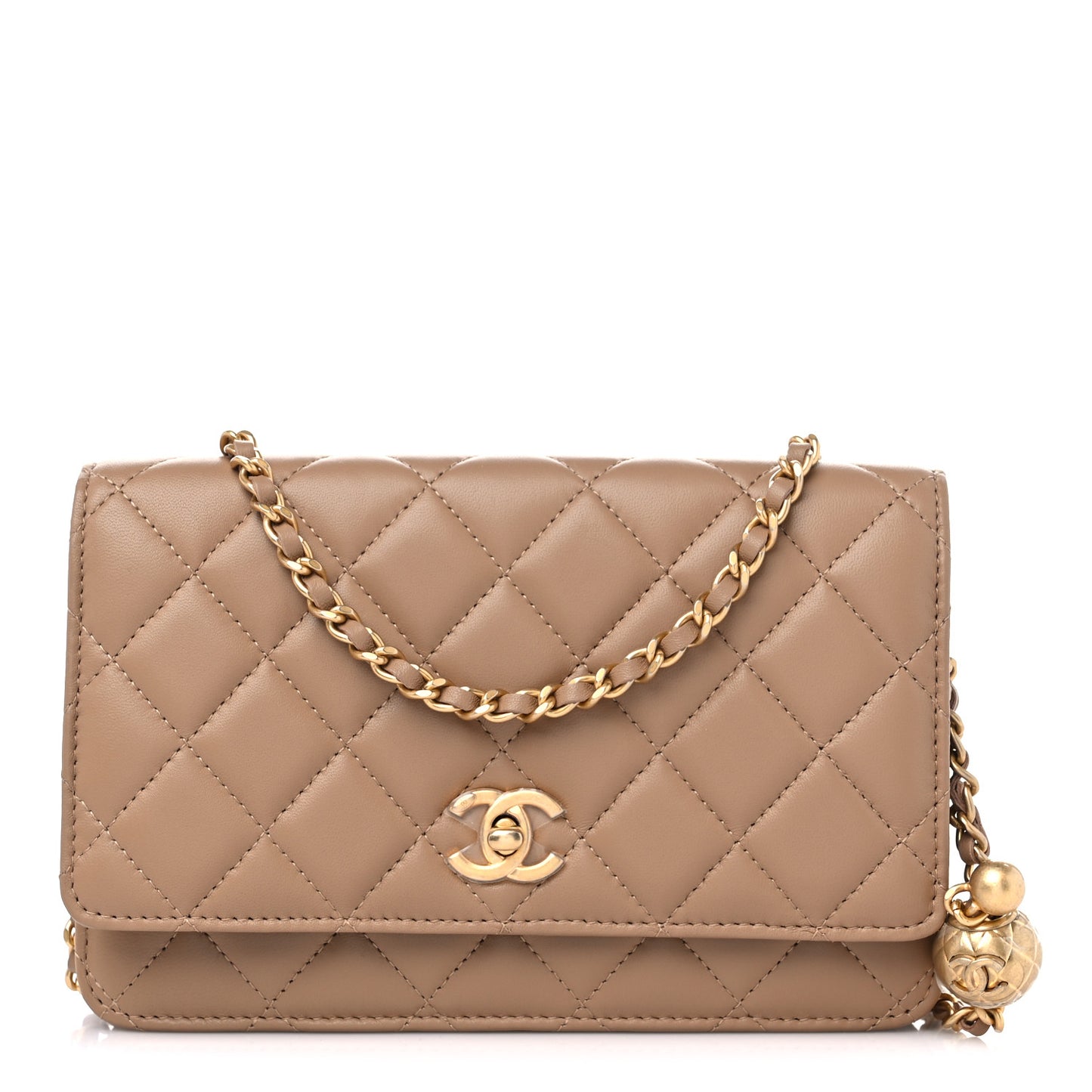 Lambskin Quilted CC Pearl Crush Wallet on Chain WOC Beige
