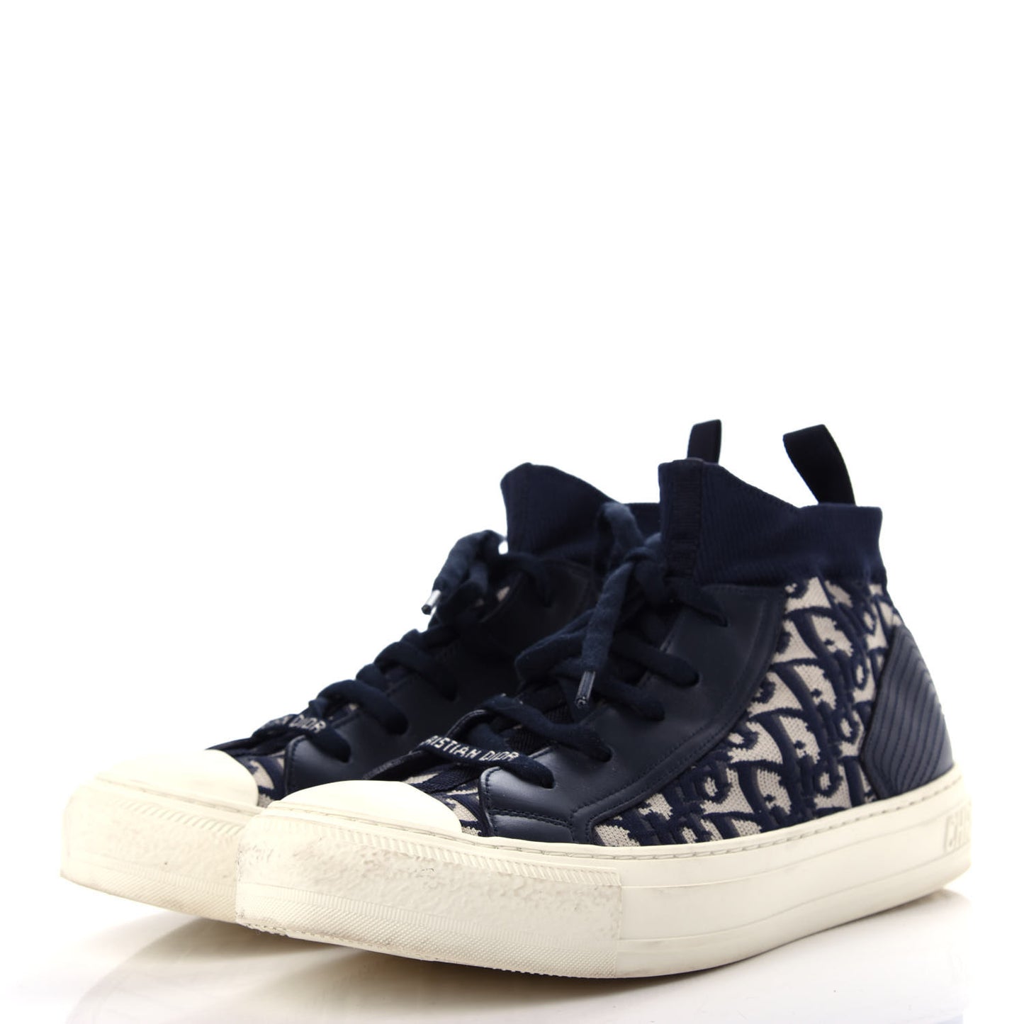 Technical Knit Calfskin Oblique Womens Walk'n Dior Mid Top Sneakers 39 Deep Blue