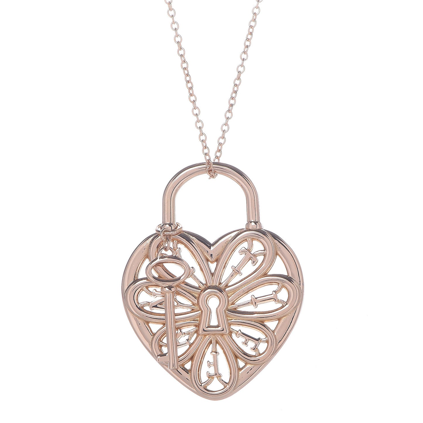 18K Rose Gold Filigree Heart Key Pendant Necklace