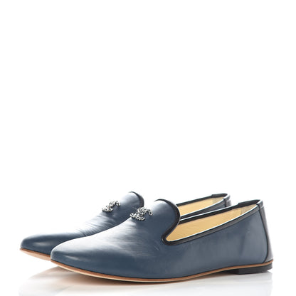 Chanel Lambskin CC Mocassin Loafers 38 Dark Blue 3 of 9