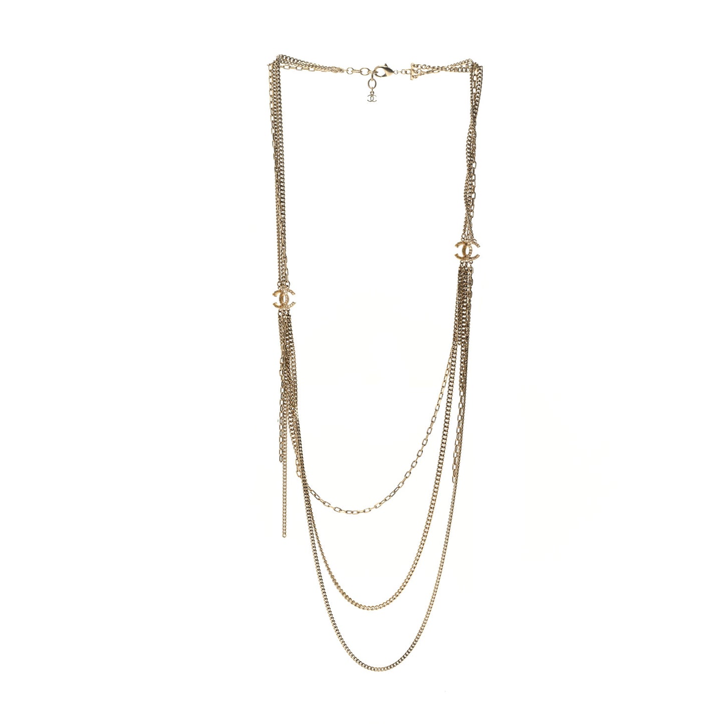 Baguette Crystal Gripoix Poured Glass CC Multi Strand Chain Necklace Light Gold