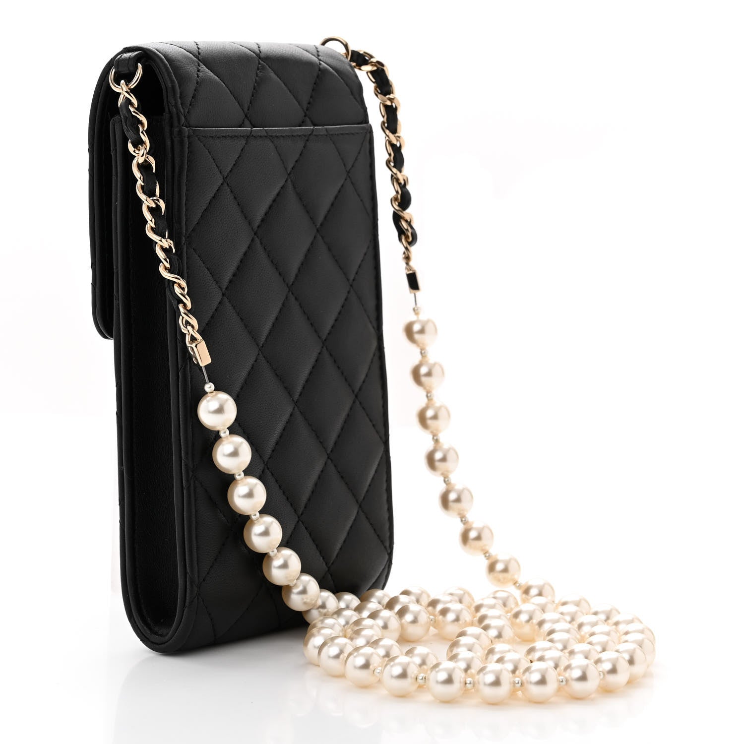 Chanel Lambskin Quilted Pearl Phone Holder With Chain Black 3 of 11