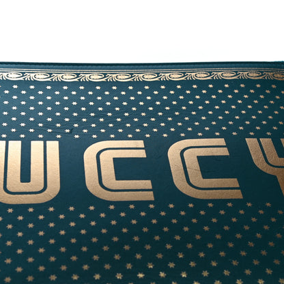 Gucci X SEGA Calfskin GUCCY Stars Zip Wristlet Pouch Dusty Turquoise Gold 11 of 12