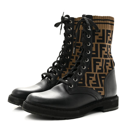 Fendi Calfskin Stretch Fabric FF Rockoko Biker Boots 40 Black Tobacco 4 of 11