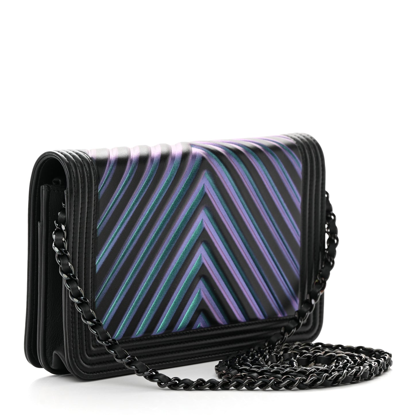 Calfskin Painted Chevron Embossed Boy Wallet On Chain WOC Black