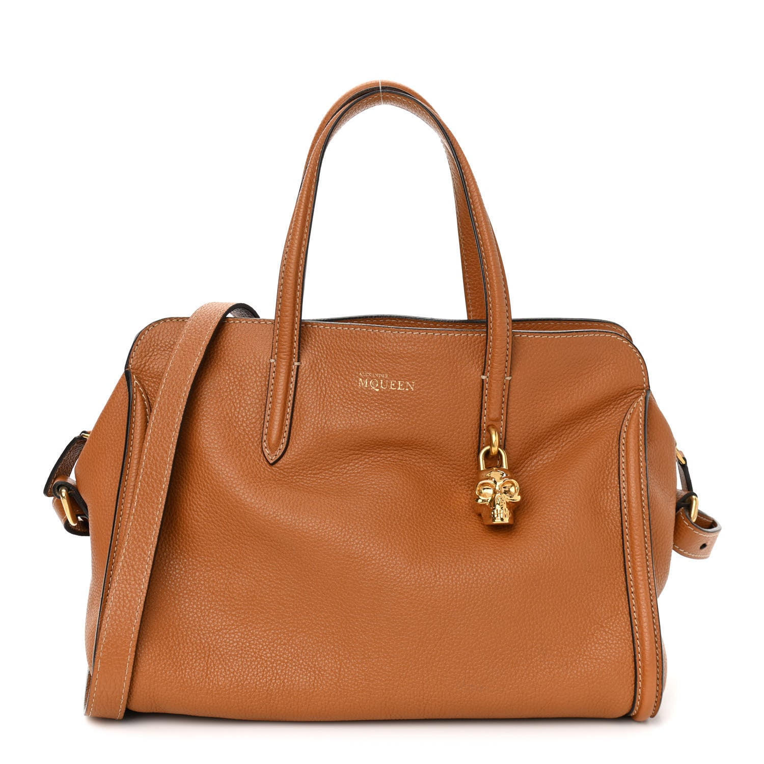 Alexander McQueen Pebbled Calfskin Small Skull Padlock Zip Around Tote Camel 1 of 9