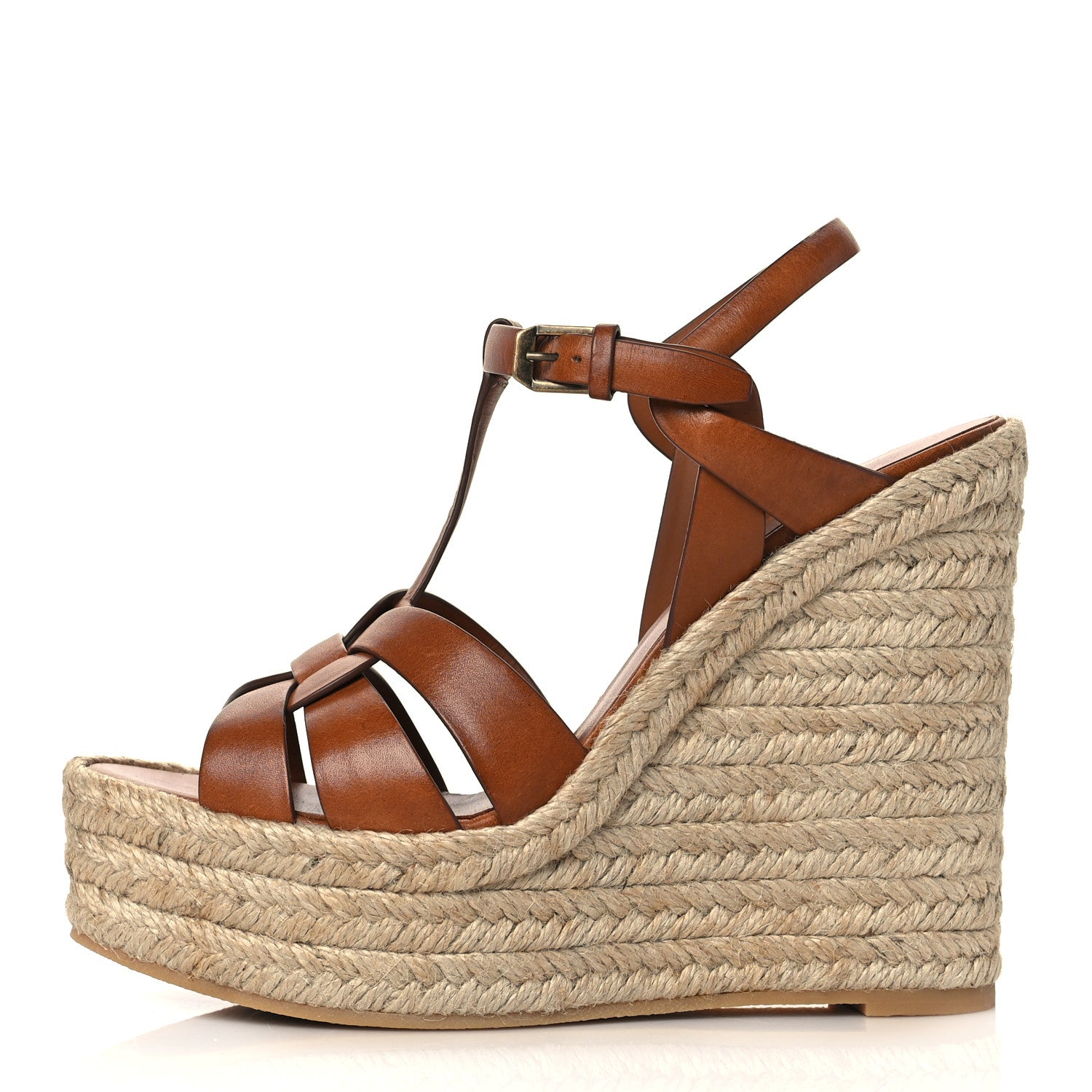 Saint Laurent Calfskin 85 Platform Espadrille Wedge Sandals 38.5 Brown 1 of 8