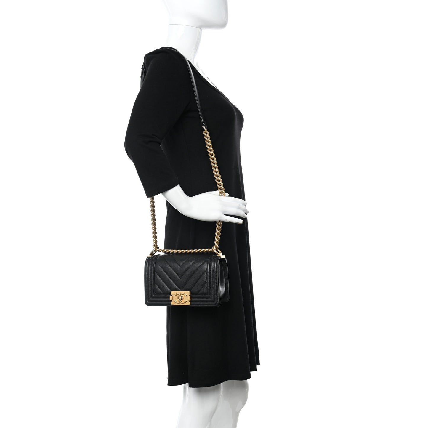 Caviar Chevron Quilted Small Boy Flap Black