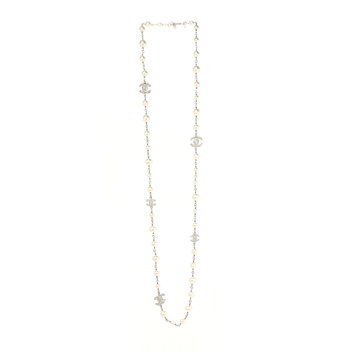 Graduated Pearl Crystal CC Long Necklace Silver
