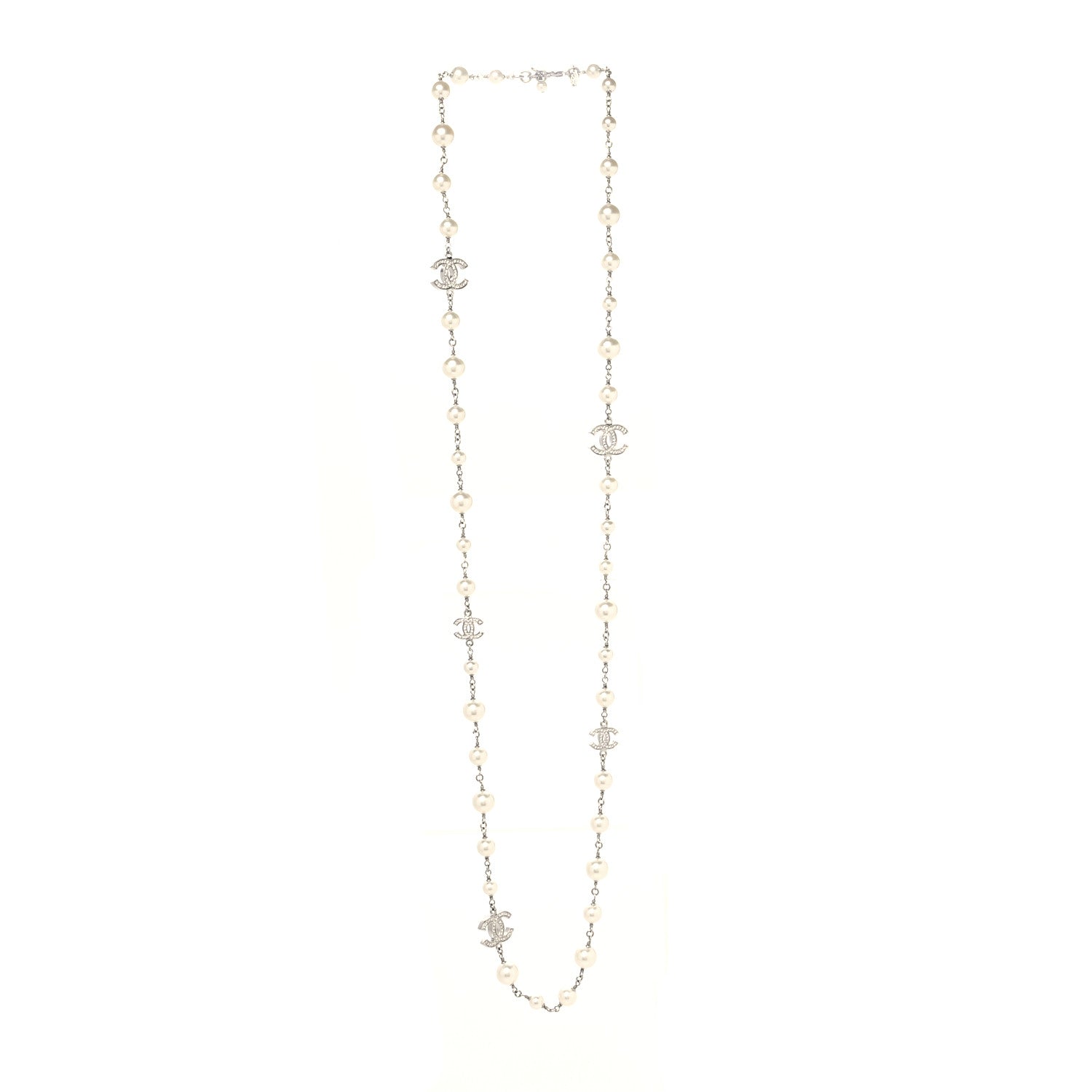 Chanel Graduated Pearl Crystal CC Long Necklace Silver 3 of 5