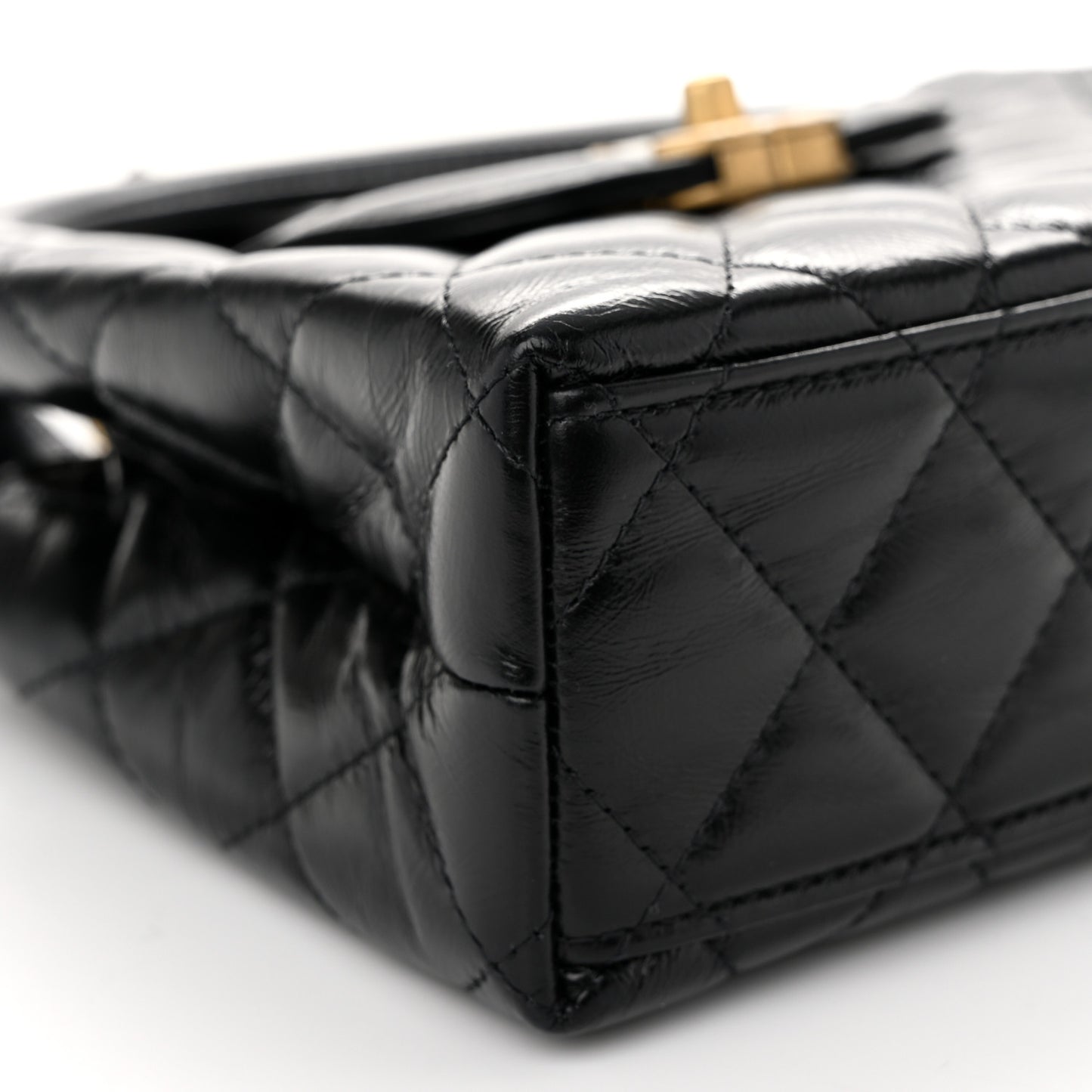 Shiny Aged Calfskin Quilted Nano Kelly Shopper Black