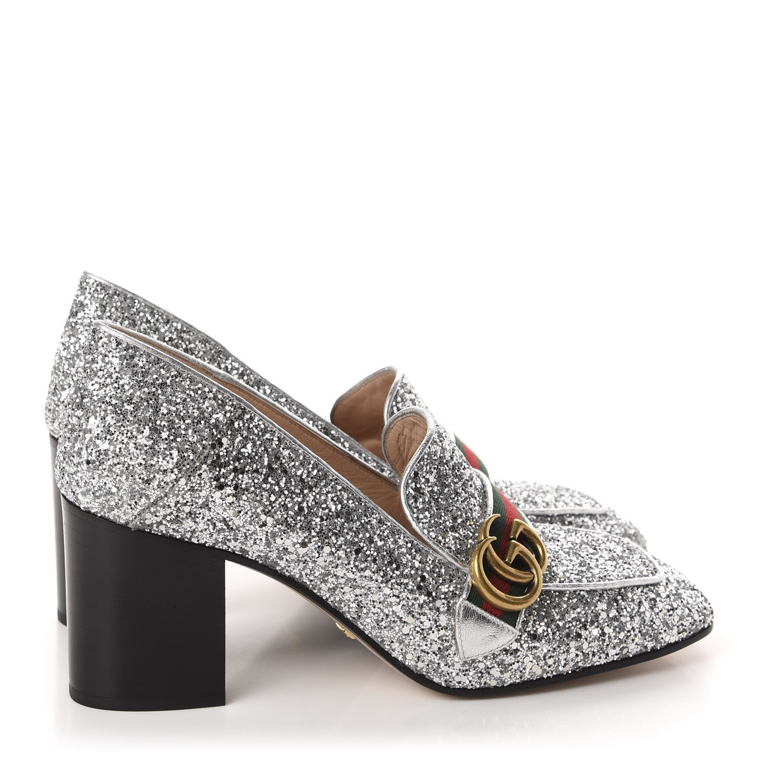 Gucci Glitter Nappa Web Peyton 75mm Loafer Pumps 41.5 Argento 4 of 10