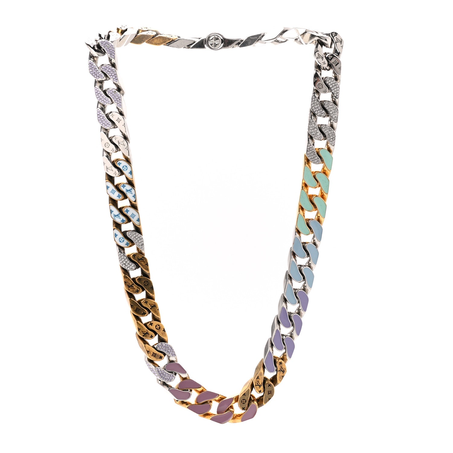 Louis Vuitton Metal Enamel Crystal Soapy Chain Necklace Silver Gold 3 of 7
