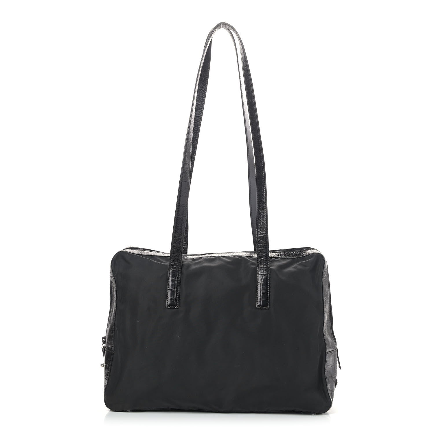 Prada Tessuto Nylon Calfskin Crocodile Embossed Tote Black 1 of 14