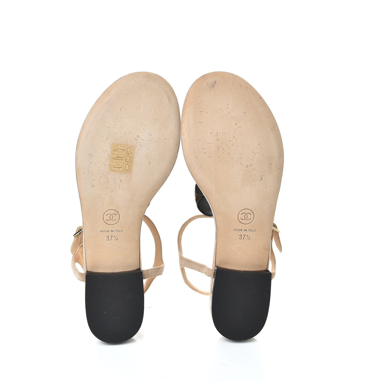 Chanel Suede Patent Calfskin Camellia Thong Sandals 37.5 Beige Black 7 of 11