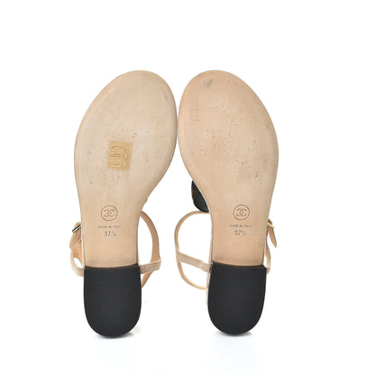 Chanel Suede Patent Calfskin Camellia Thong Sandals 37.5 Beige Black 7 of 11