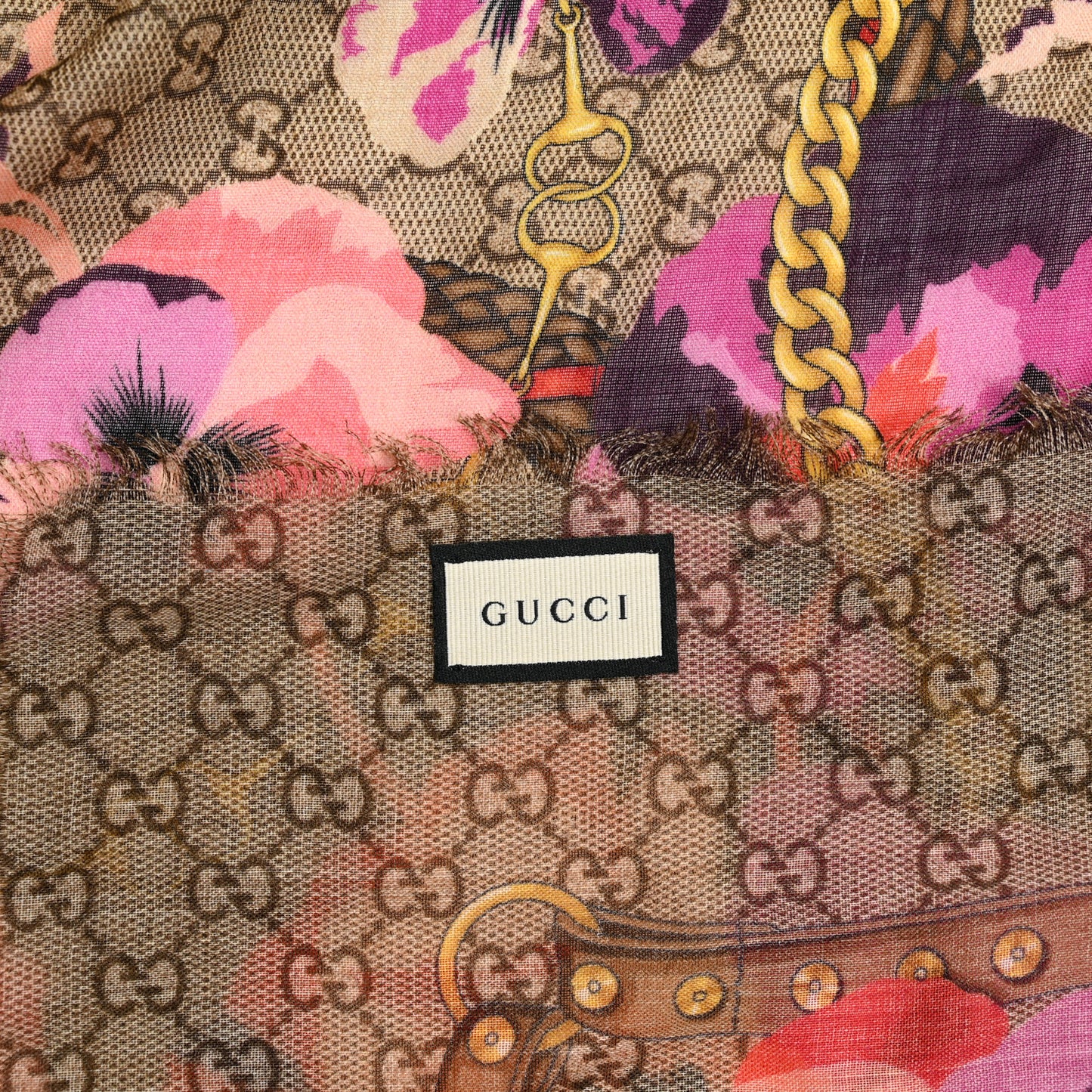 Wool Jacquard GG Monogram Big Panshie Fringe Shawl Roseate Beige