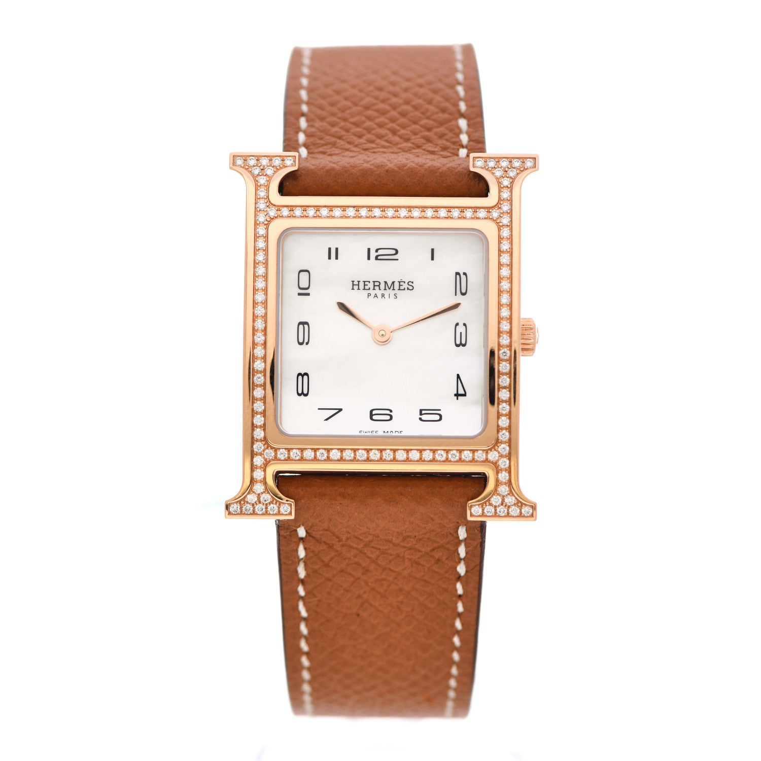 Hermes 18K Rose Gold Epsom Diamond Bezel Mother of Pearl 26mm Heure H Hour Quartz Watch Gold 1 of 5