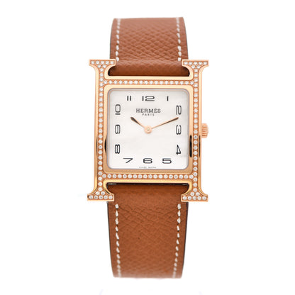 Hermes 18K Rose Gold Epsom Diamond Bezel Mother of Pearl 26mm Heure H Hour Quartz Watch Gold 1 of 5