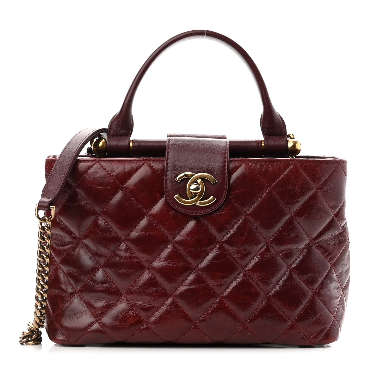 Chanel Calfskin Quilted Small Gold Bar Top Handle Tote Burgundy 1 of 10