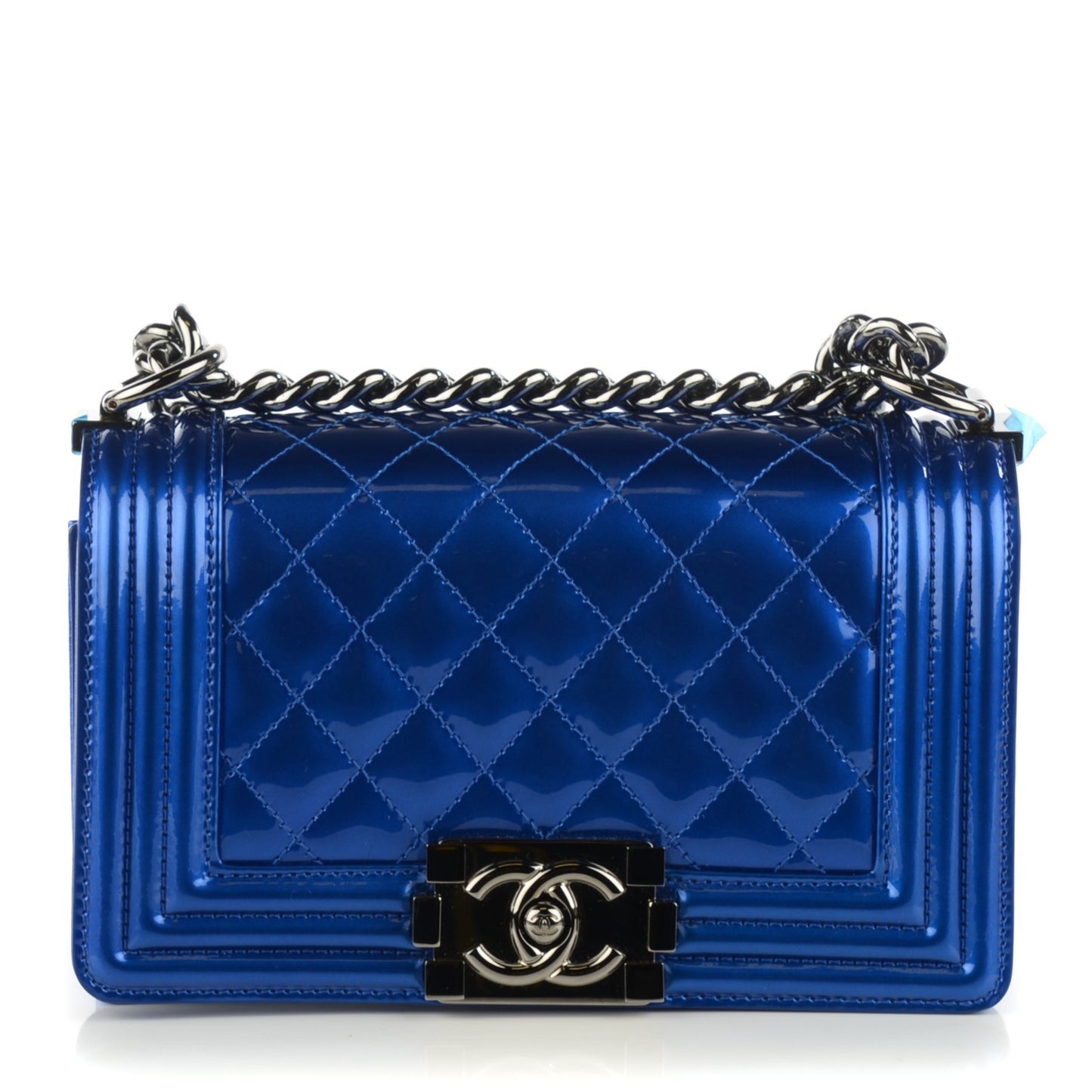 Metallic Patent Calfskin Quilted Small Boy Flap Blue