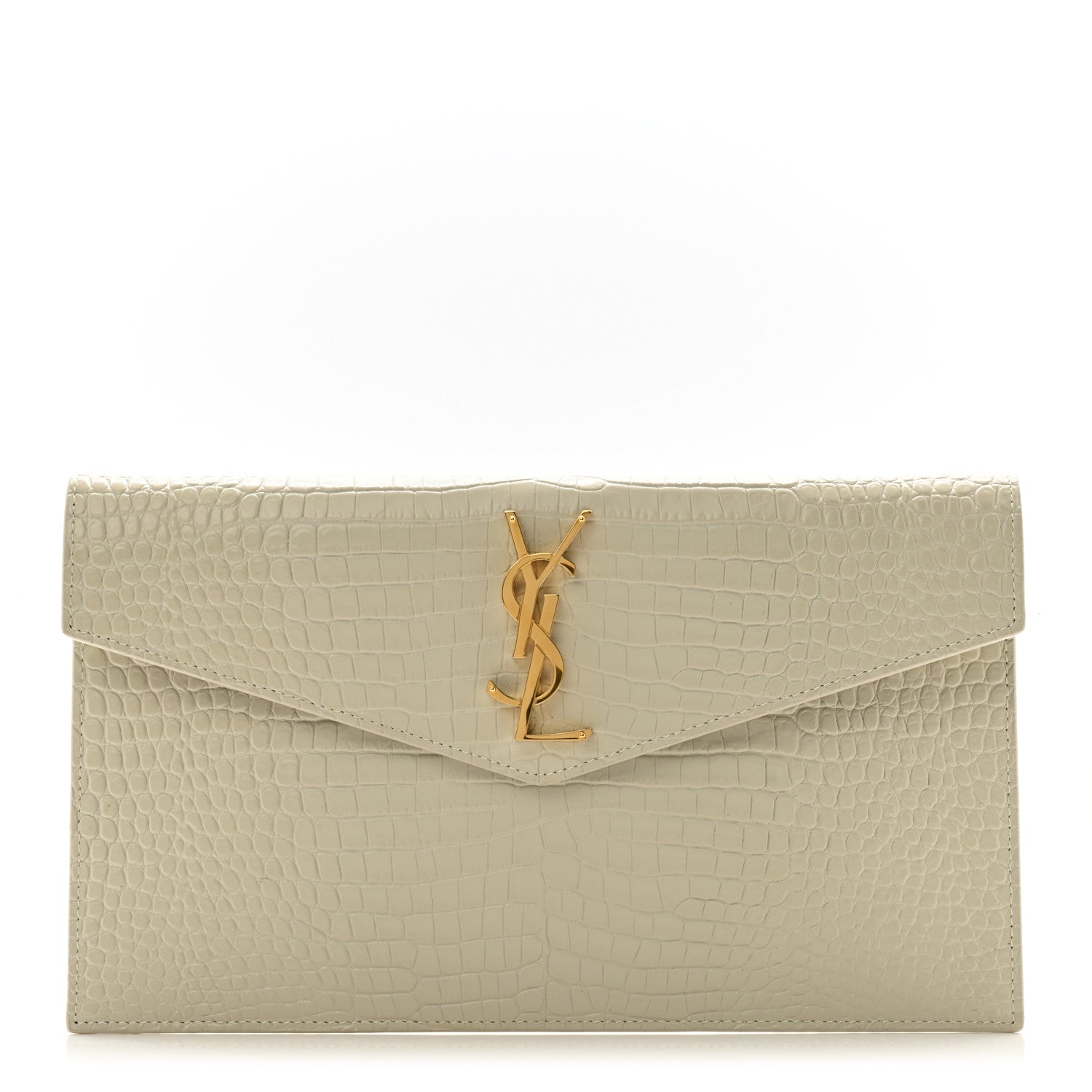 Saint Laurent Calfskin Crocodile Embossed Uptown Monogram Pouch Crema Soft 1 of 10
