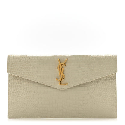 Saint Laurent Calfskin Crocodile Embossed Uptown Monogram Pouch Crema Soft 1 of 10